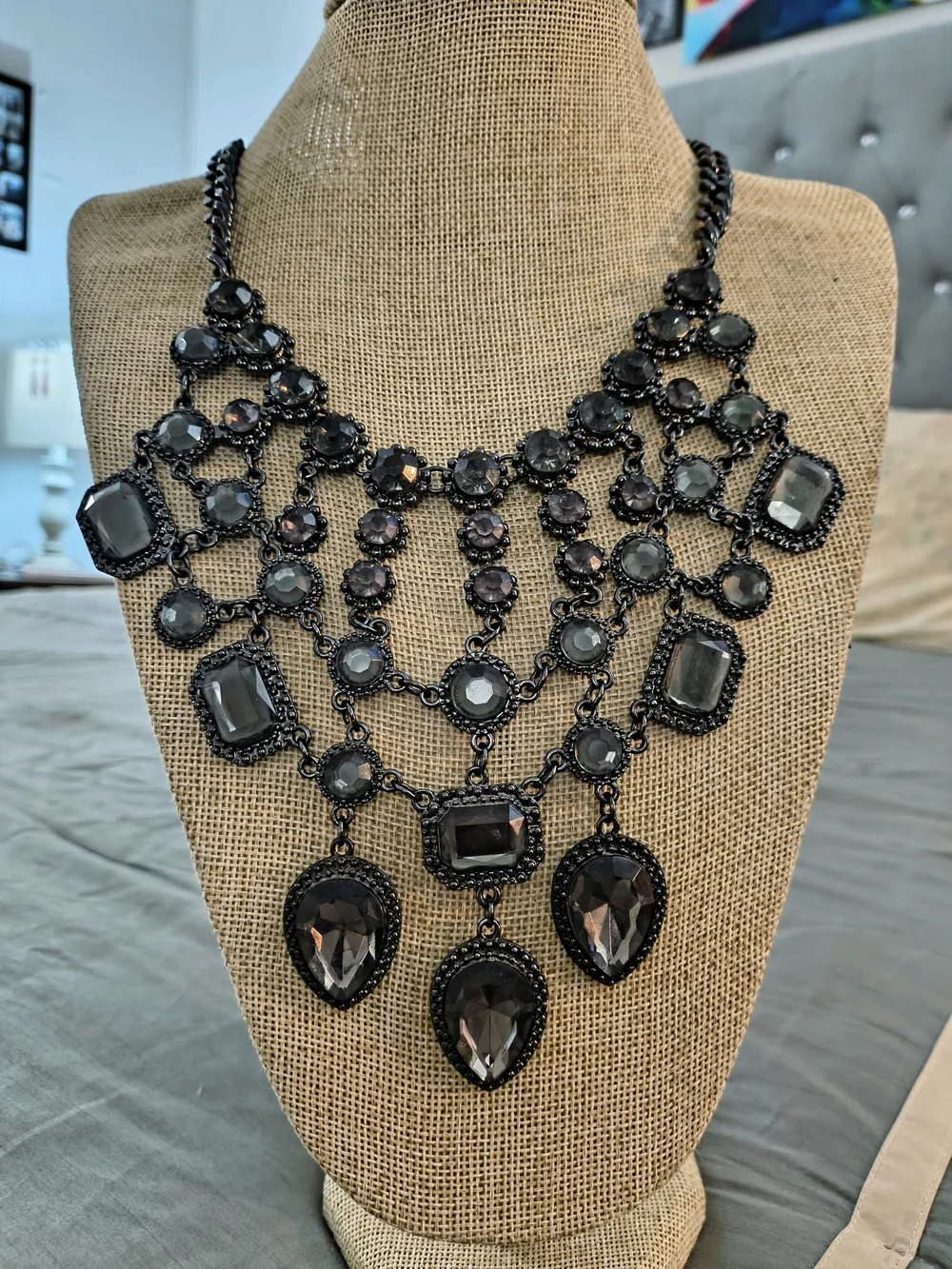 Dramatic Black Gunmetal Crystal Statement Bib Necklace • Gothic Glam • Layered